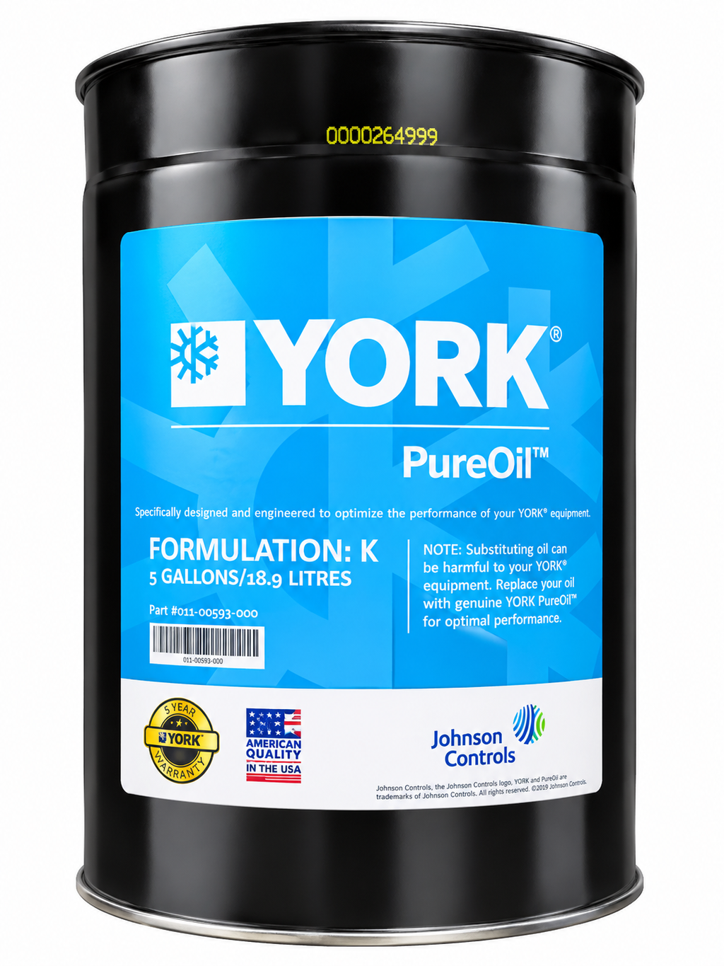 York Refrigeration Compressor Oil Type K (K-Oil) - Part No: 011-00593-000 (5 Gallons / 18.9L)